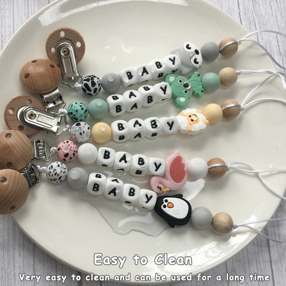Cute Baby Personalized Wooden Bead Pacifier Soother Dummy Clip Holder Girl Boy 