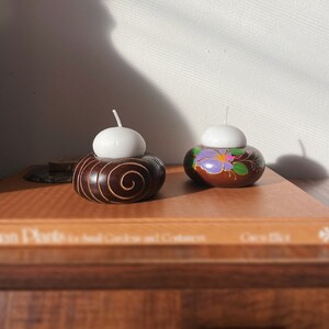 Wooden hand painted tea light candle holders ~ set of two ~ boho decor ~ gift ideas