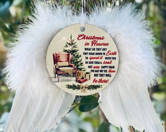 Ornament Handmade Christmas Memorial Memories Keepsake Feather Wings Full Color Gift Parent Sibling Friend Wooden Holiday Round Decoration