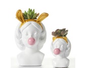 Cute Girl Blowing a Pink Bubble Gum Bud Vase, Bunny Ears Succulent Planter, Cat Ears Girl Dried Flowers Vase,Head Planter Scandinavian Decor