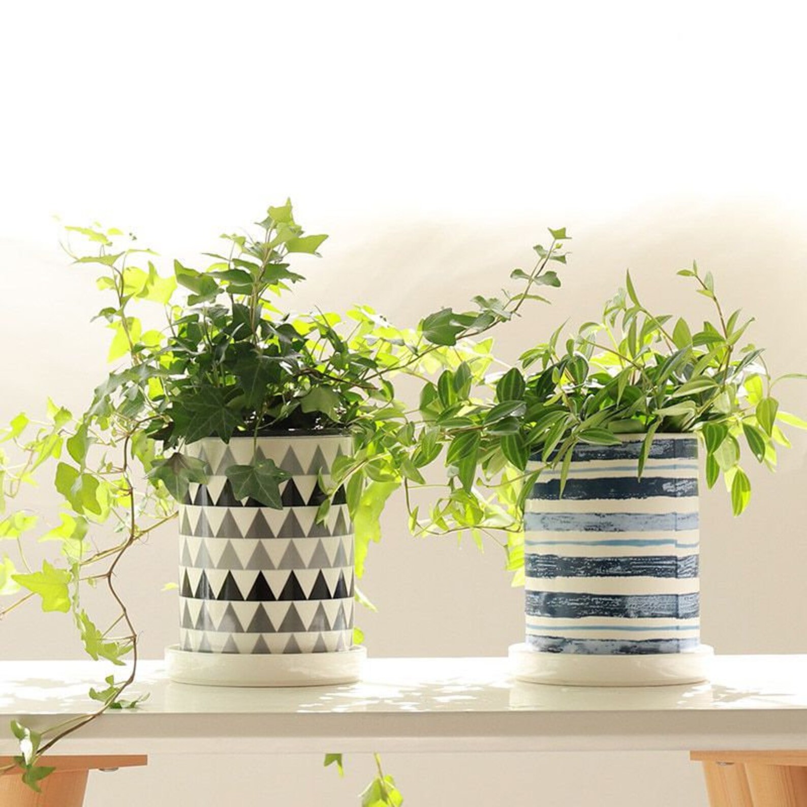 Stylish Blue and Gray Ceramic Planter With a Tray Minimalist Etsy