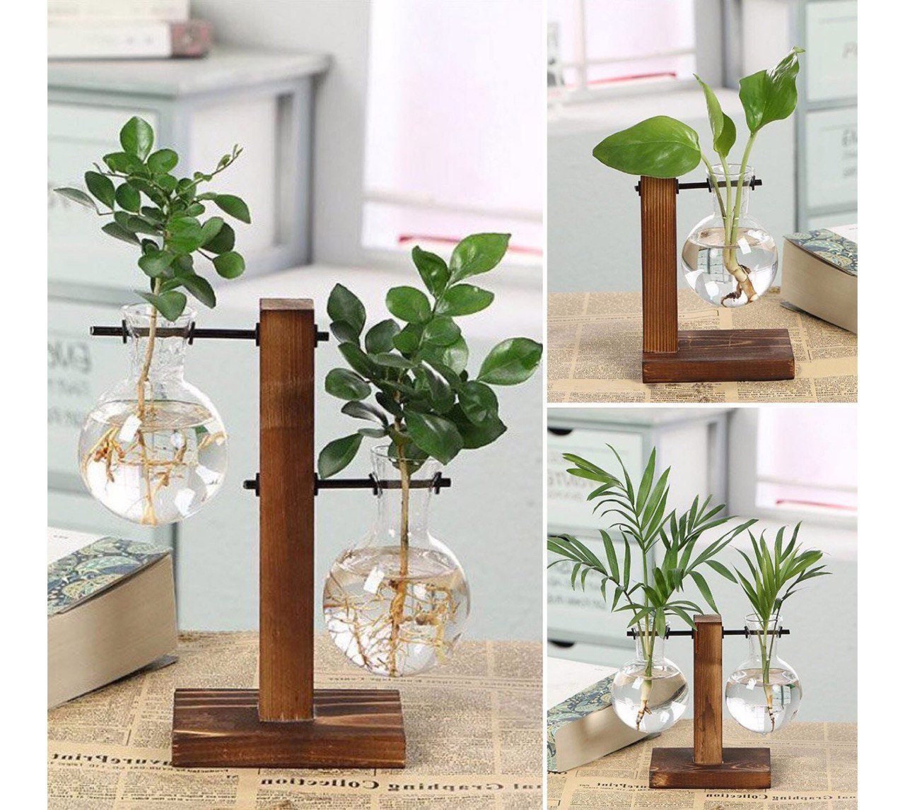 Glass Vase Bulb Vase with Solid Wood Shelf and Metal Turntable Bracket Used for Home Garden Office Decoration of Hydroponic Plants N\C Plant Propagation Station Glass Vase Bulb Vase with Solid Wood Shelf and Metal Turntable Bracket Used for Home Garden Office Decoration of Hydroponic Plants N\C Plant Propagation Station