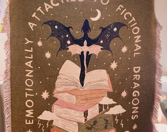 Emotionally Attached to Fictional Dragons Woven Blanket, Fantasy Reader Room Decor, Bookish Blanket, Gift For Dragon Book Lover