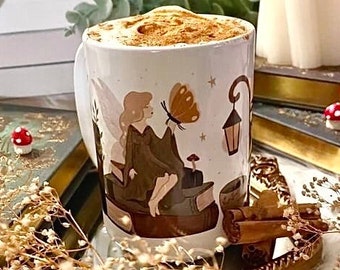 Cozy Fantasy Reader Bookish Mug | Fall Fairy Dragon Bookshelf Coffee mug | Romantacy Reader Gift | Reading Tea Cup | cottagecore fairycore
