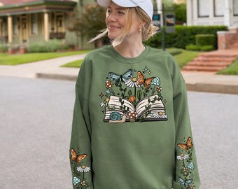 Sudadera Fairycore Bookish Crewneck, sudadera caprichosa Cottagecore con caracoles y mariposas.