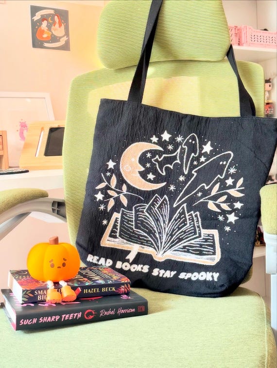 Read Books Stay Spooky - Halloween Bookish Woven Tote Bag - Spooky Reader Gift - Bag for Book Shopping - Gothic Reader