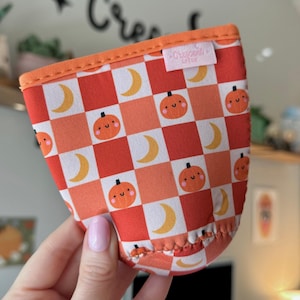 Cutie Checkered Pumpkins Iced Coffee Sleeve, Halloween Coffee Sleeve, Fall TOGO drinks, Spooky Season Lover Gifts image 1