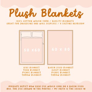 May include: Illustration of two plush blankets in different sizes, 50x60 inches and 60x80 inches. The smaller blanket is labeled "Kids Blanket, Teen Blanket, Picnic Blanket, Throw Blanket" and the larger blanket is labeled "Queen Sized Blanket, Guest Blanket, Picnic Blanket, Throw Blanket". The text "100% Cotton Woven Yarn / Quality Blankets Great for Snuggling and Wall Displays / A Lasting Heirloom" is at the top of the image.