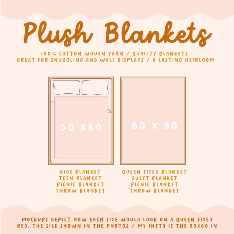 May include: Illustration of two plush blankets in different sizes, 50x60 inches and 60x80 inches. The smaller blanket is labeled "Kids Blanket, Teen Blanket, Picnic Blanket, Throw Blanket" and the larger blanket is labeled "Queen Sized Blanket, Guest Blanket, Picnic Blanket, Throw Blanket". The text "100% Cotton Woven Yarn / Quality Blankets Great for Snuggling and Wall Displays / A Lasting Heirloom" is at the top of the image.