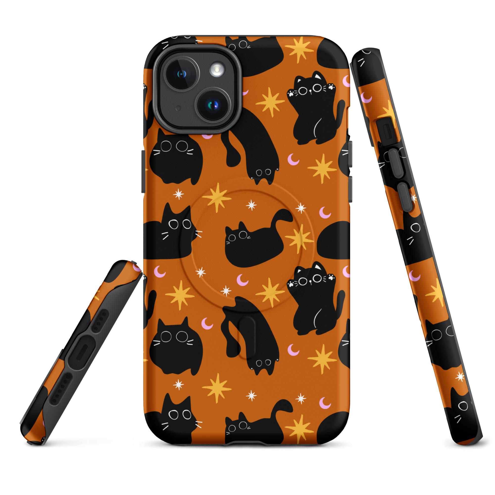 黒猫の魔女風マグセーフiPhoneケース、ヴィンテージハロウィン猫好き
