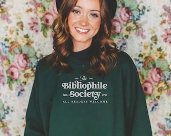 Bibliophile Society geborduurde schoolse sweater | Book Lover ronde hals | Leesoutfit | Boekenwurmcadeaus | Geobsedeerd boek | Trendy Booktok