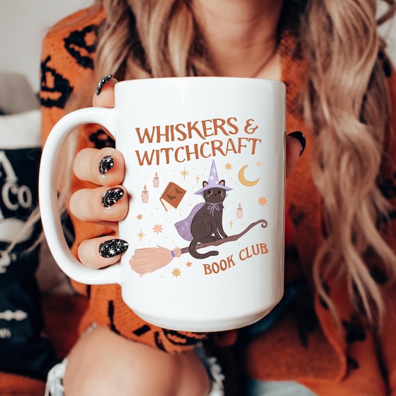 Whiskers and Witchcraft Book Club Mug - Witchy Bookish Halloween Mug - Black Cat Lover Coffee Cup - Cats & Books - Fall Autumn Bookworm Gift