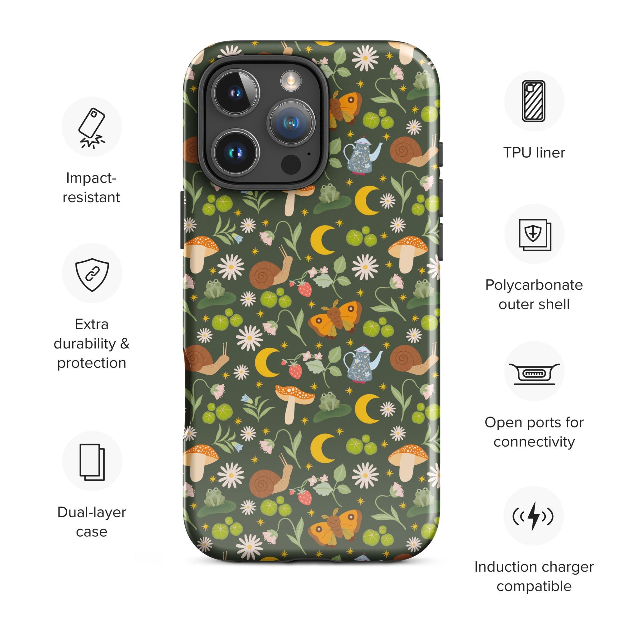 Cottagecore Whimsical iPhone Case, Snails Mushrooms Moths and