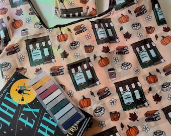 Cozy Cinnamon Roll Bookshop Reusable Shopping Bag, Bookish Foldable eco tote, Farmers Market Bag, Fall and Autumn Lover, Reader Gifts