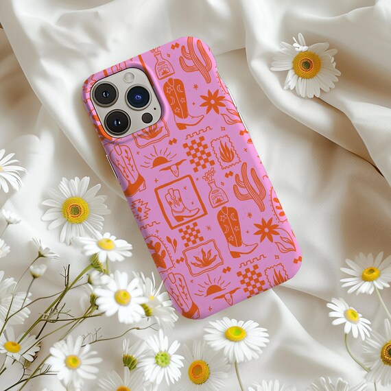 Costal Cowgirl iPhone Case, Pink Summer Phone Case, Cowboy Boots and Cactus Stamp Design, Trendy Phone Case, Girly Accessories