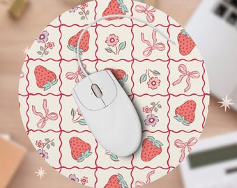Strawberry Bows and Floral Coquette Mouse Pad, Girly Desk Decor, Office Accessories for Spring