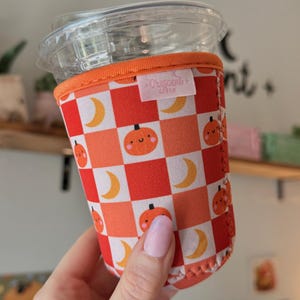 Cutie Checkered Pumpkins Iced Coffee Sleeve, Halloween Coffee Sleeve, Fall TOGO drinks, Spooky Season Lover Gifts image 2