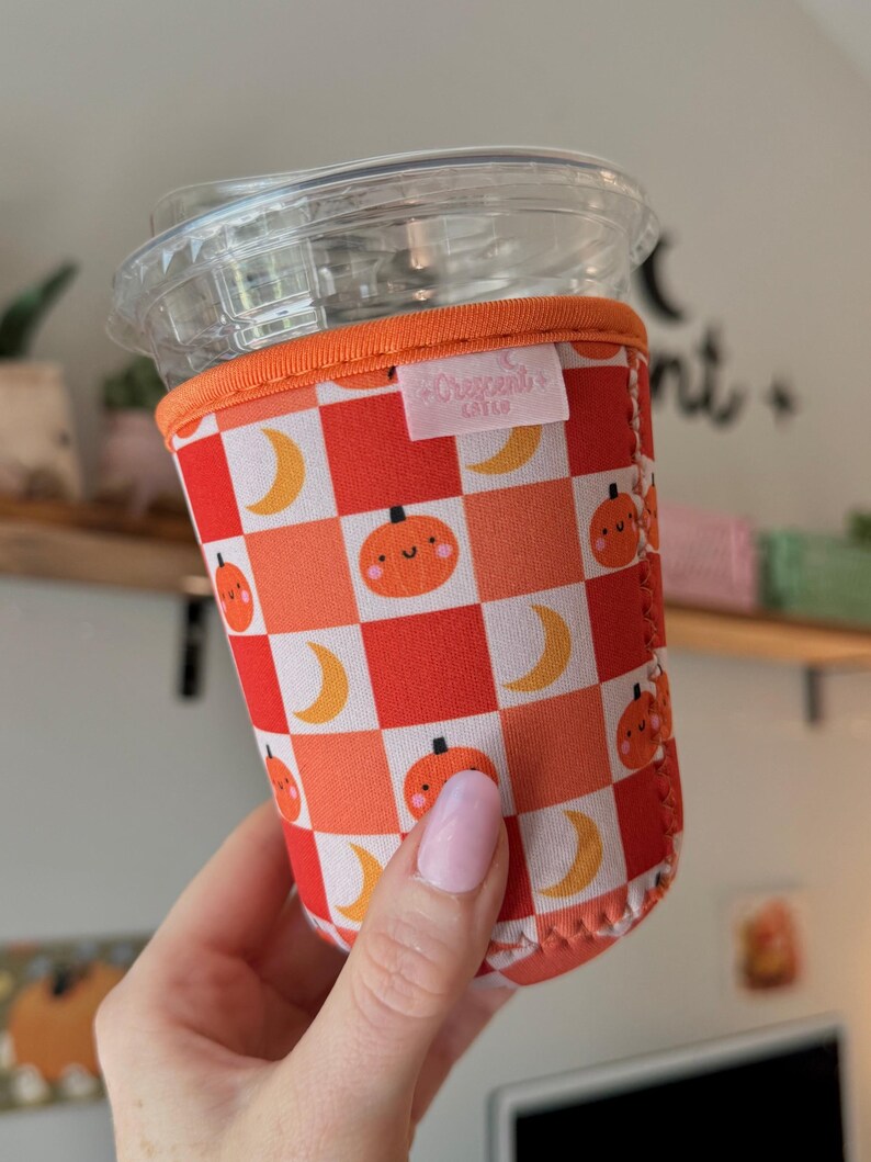 Cutie Checkered Pumpkins Iced Coffee Sleeve, Halloween Coffee Sleeve, Fall TOGO drinks, Spooky Season Lover Gifts image 2