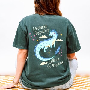 Probably Reading About Dragons Fantasy Lover Tshirt, Bookish Merch, Book lover Gifts, Booktok Romantasy Reads Blue Spruce