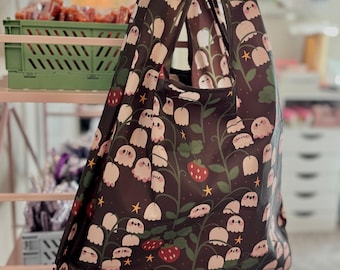 Ghosts & Strawberries Spooky cute Reusable Shopping Bag, Fall Foldable eco tote, Farmers Market Bag, Kawaii Cute Goth Bag, Spooky Lover Gift