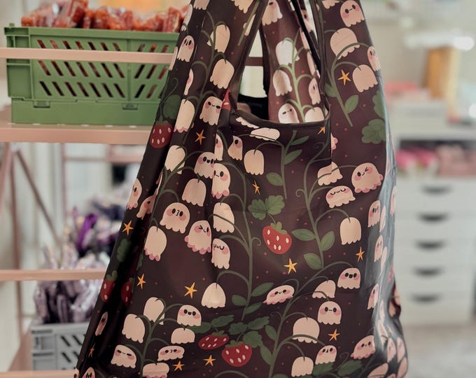 Ghosts & Strawberries Spooky cute Reusable Shopping Bag, Fall Foldable eco tote, Farmers Market Bag, Kawaii Cute Goth Bag, Spooky Lover Gift
