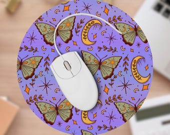 Purple Moth and Moon Mouse Pad, Dark Cottagecore Whimsy Goth Aesthetic, Desk Decor, Office Accessories