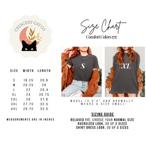 May include: Size chart for t-shirts with measurements in inches. The chart shows the width and length of each size from S to 4XL. The model is wearing a size S and is 5'4" tall. The chart also includes a sizing guide for relaxed fit, oversized look, and shirt dress look.