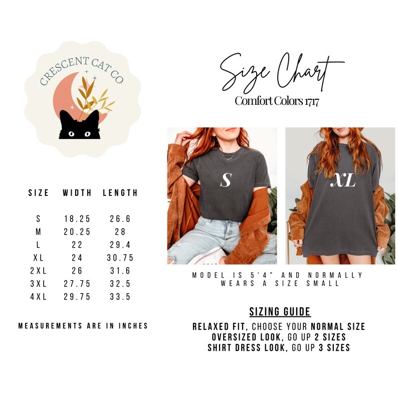 May include: Size chart for t-shirts with measurements in inches. The chart shows the width and length of each size from S to 4XL. The model is wearing a size S and is 5'4" tall. The chart also includes a sizing guide for relaxed fit, oversized look, and shirt dress look.