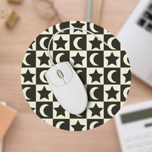 Celestial Star and Moon witchy Mouse Pad, Black and white minimal office desk decor