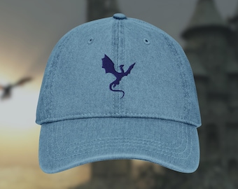 Blue Dragon Bookish Denim Hat, Sygal Embroidered Fantasy Reader Dad Hat, Reader Gifts, Book Lover Merch, Subtle Fantasy Book Merch