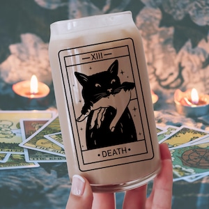 Tod schwarze Katze Tarot Glas | Witchy Cat Eiskaffee Glas | Bierdose aus Glas mit Deckel und Strohhalm | Katzenmama Geschenke | Schaurig Niedliches witchy gothic