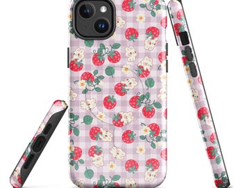 Kawaii Cute Bunny & Strawberry Checkered Magsafe iPhone Case