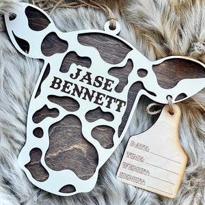 western font birth announcement, birth stat sign, hospital door hanger, baby shower gift, cow tag sign, cow head door hanger, welcome baby