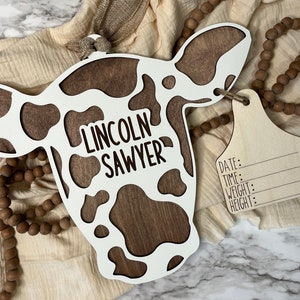 western birth announcement, birth stat sign, cow head baby name, baby stat sign, gift for baby shower, cow tag sign, cow head door hanger
