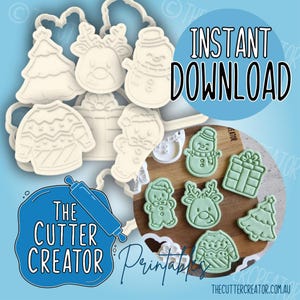 May include: A selection of Christmas cookie cutters, featuring designs such as a Christmas tree, reindeer, snowman, sweater, and gift. The image includes the text "Instant Download" and "The Cutter Creator".