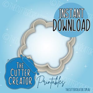 May include: A beige, cloud-shaped cookie cutter with a scalloped edge. The image includes the text "INSTANT DOWNLOAD" in a blue circle and a blue graphic with the text "THE CUTTER CREATOR Printables". The background is light blue.