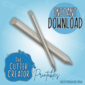 May include: Two silver-colored, pointed tools are displayed against a light blue background. The tools are angled across each other. Text in the image reads "Instant Download" and "The Cutter Creator Printables".