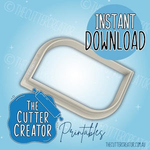 May include: A light beige rectangular cookie cutter with rounded corners. The cutter is on a light blue background with the text "INSTANT DOWNLOAD" in a blue circle. The Cutter Creator logo is also visible.