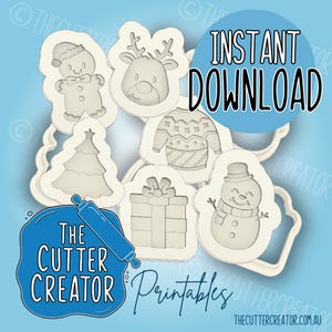 Könnte beinhalten: Eine Sammlung von Ausstechern mit Weihnachtsmotiven, darunter ein Lebkuchenmann, ein Rentier, ein Weihnachtsbaum, ein Pullover, ein Geschenk und ein Schneemann. Der Text "INSTANT DOWNLOAD" und "THE CUTTER CREATOR Printables".