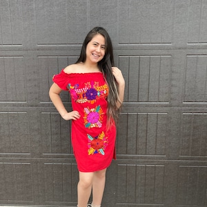 Off The Shoulder Mini Mexican Dress~Hand Embroidered Mexican Dress~Red Mexican Dress~Vestido Mexicano