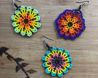 Huichol Earrings~Flower Earrings~Boho Earrings~Mexican Accessories~Handmade Earrings~Chiapas Accessories~Beaded Earrings~Boho Earrings