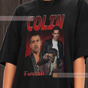 May include: Black t-shirt with a vintage-style graphic of Colin Farrell. The graphic features three images of Farrell in different poses, with the text "COLIN" in red letters above the images.