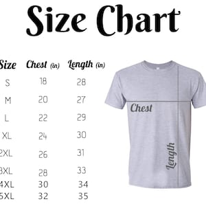 May include: Size chart for a t-shirt with measurements in inches for chest and length. Sizes range from S to 5XL.