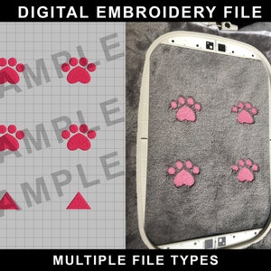 May include: Digital embroidery file showing four pink paw prints on a gray fabric background. The file is available in multiple formats. The text "SAMPLE" is repeated three times in red on a white grid background.