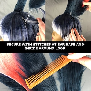 How to Insert wire-only ears into a wig. Cut a small hole into your wig's lace and insert loop. Secure with stitching around ear base and inside around wire loop. Smooth with a comb and set with a little hairspray to tidy fur.