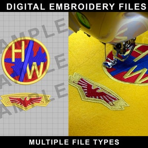 May include: Digital embroidery files for a red, white, and blue eagle design, a red, white, and blue circle with the letters "HW" inside, and a red eagle with gold wings. The text "DIGITAL EMBROIDERY FILES" and "MULTIPLE FILE TYPES" is also visible.