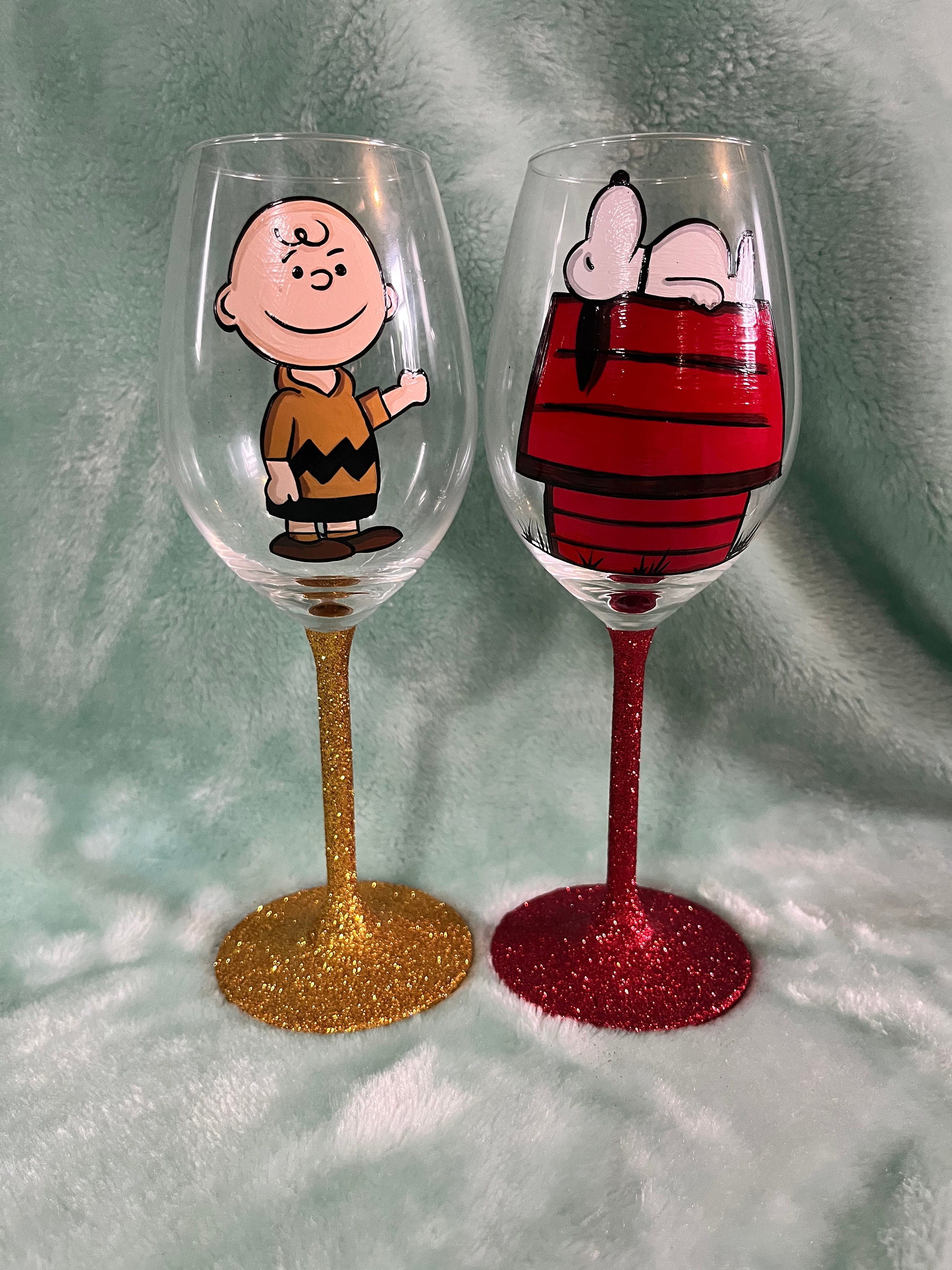 decorative snoopy inspired baron peanuts gang hand painted wine glass – Dez  Designs