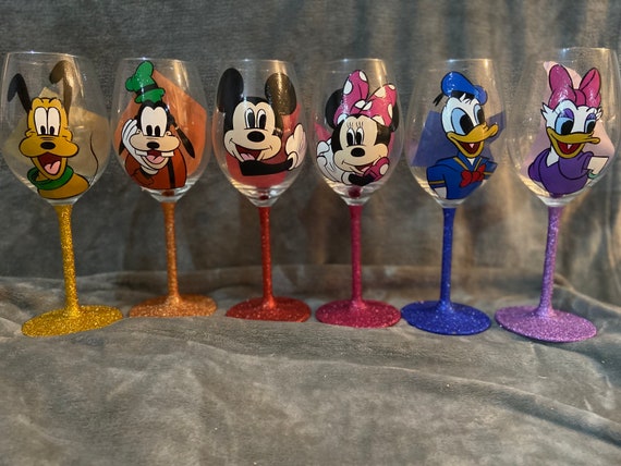 Mickey and Friends Handpainted Wine Glass 