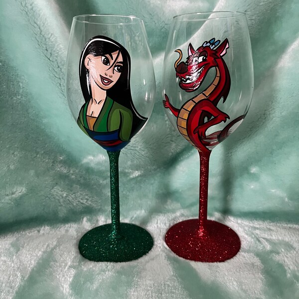 Mulan and mushu handpainted wine glasses