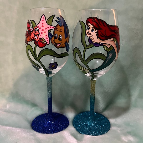 Little mermaid handpainted wine glasses